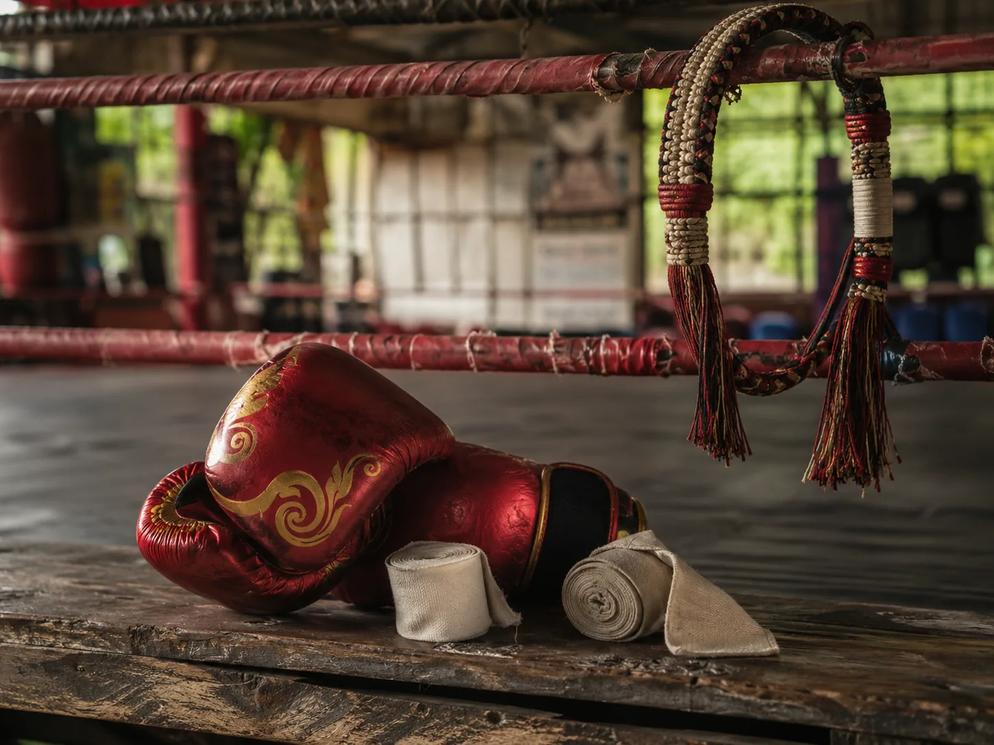 Hand wraps and gloves laid out for a class