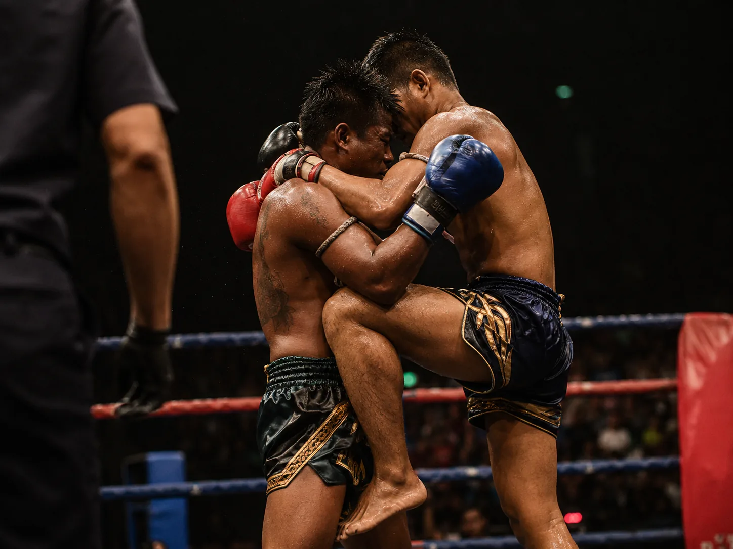 Ringside action at a Bangkok Muay Thai stadium